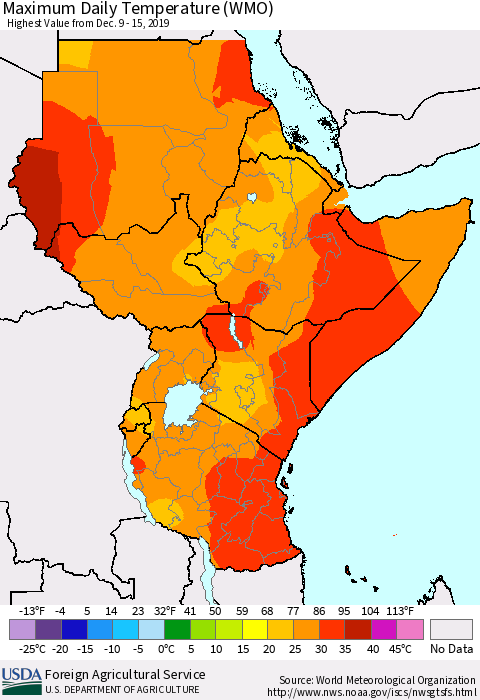 Eastern Africa Extreme Maximum Temperature (WMO) Thematic Map For 12/9/2019 - 12/15/2019