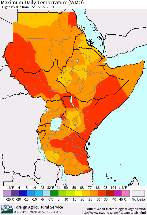 Eastern Africa Maximum Daily Temperature (WMO) Thematic Map For 12/16/2019 - 12/22/2019