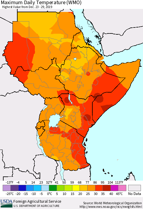 Eastern Africa Extreme Maximum Temperature (WMO) Thematic Map For 12/23/2019 - 12/29/2019