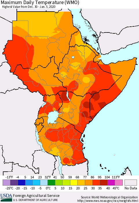 Eastern Africa Maximum Daily Temperature (WMO) Thematic Map For 12/30/2019 - 1/5/2020
