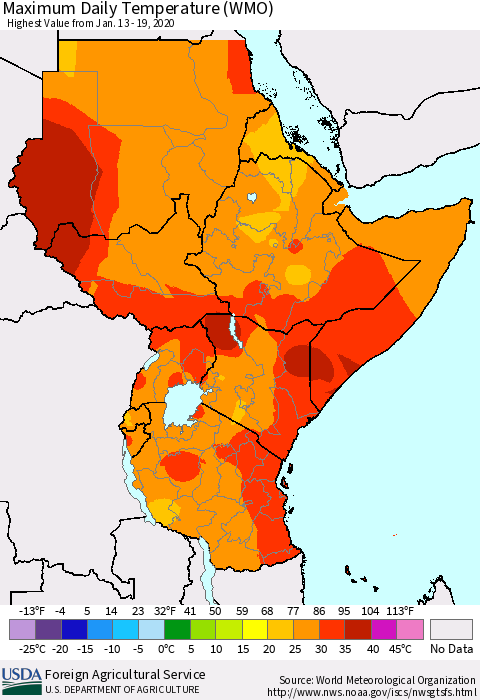 Eastern Africa Maximum Daily Temperature (WMO) Thematic Map For 1/13/2020 - 1/19/2020