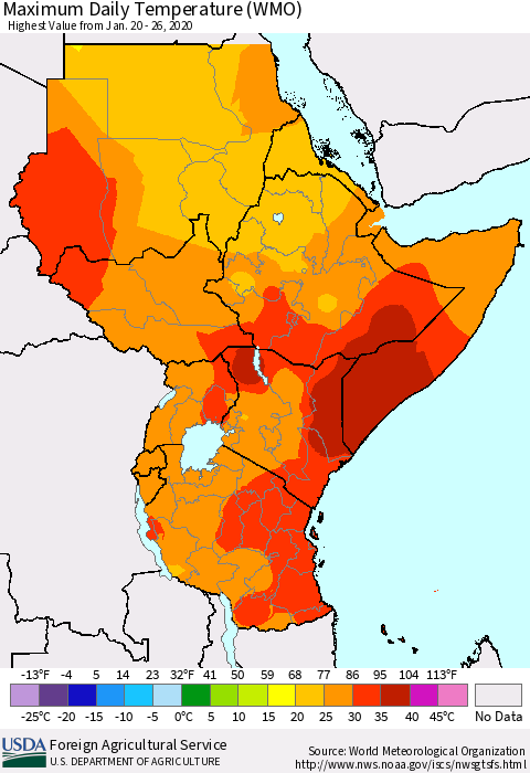 Eastern Africa Extreme Maximum Temperature (WMO) Thematic Map For 1/20/2020 - 1/26/2020