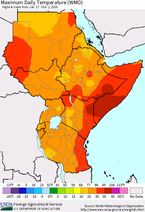 Eastern Africa Maximum Daily Temperature (WMO) Thematic Map For 1/27/2020 - 2/2/2020