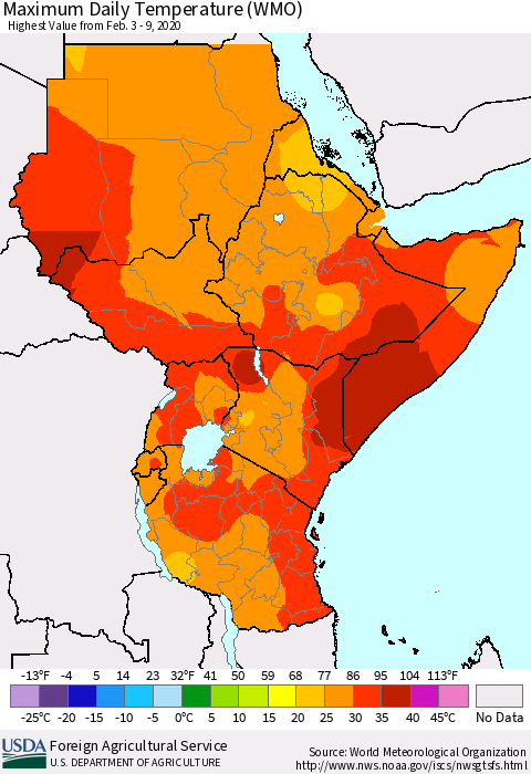 Eastern Africa Extreme Maximum Temperature (WMO) Thematic Map For 2/3/2020 - 2/9/2020