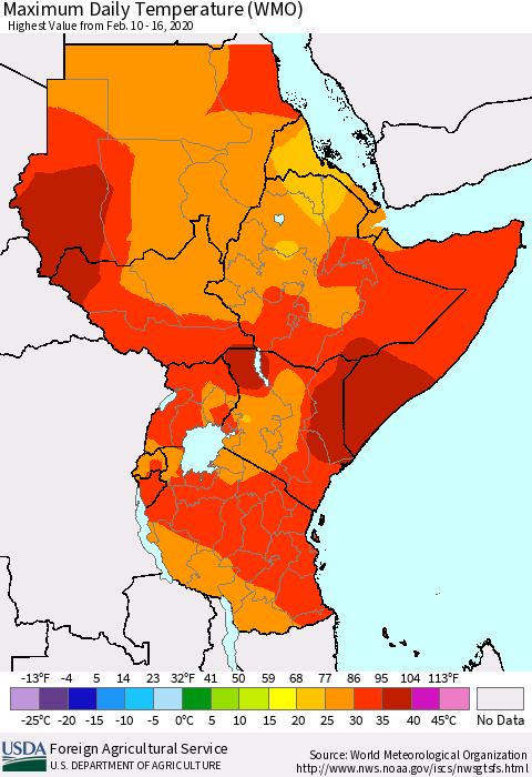 Eastern Africa Maximum Daily Temperature (WMO) Thematic Map For 2/10/2020 - 2/16/2020