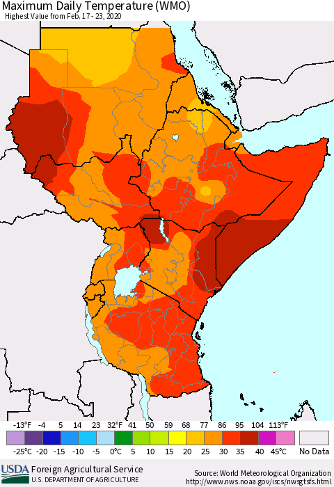 Eastern Africa Maximum Daily Temperature (WMO) Thematic Map For 2/17/2020 - 2/23/2020