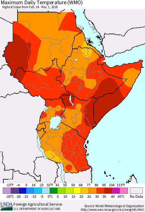 Eastern Africa Maximum Daily Temperature (WMO) Thematic Map For 2/24/2020 - 3/1/2020