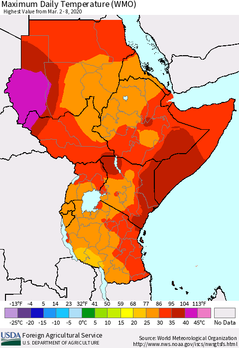 Eastern Africa Extreme Maximum Temperature (WMO) Thematic Map For 3/2/2020 - 3/8/2020