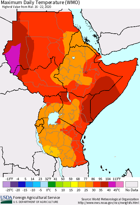 Eastern Africa Extreme Maximum Temperature (WMO) Thematic Map For 3/16/2020 - 3/22/2020