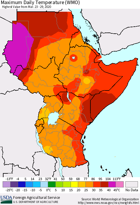 Eastern Africa Maximum Daily Temperature (WMO) Thematic Map For 3/23/2020 - 3/29/2020