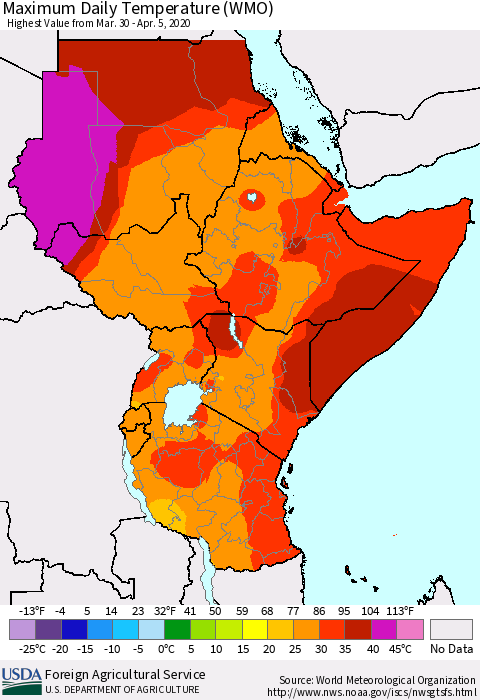 Eastern Africa Extreme Maximum Temperature (WMO) Thematic Map For 3/30/2020 - 4/5/2020
