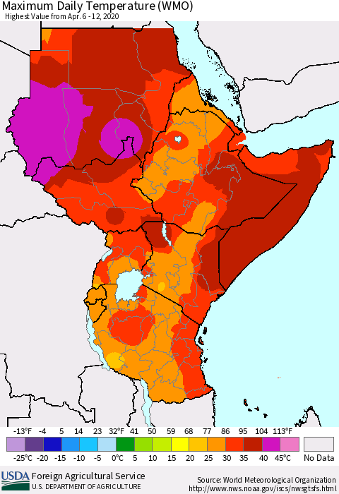Eastern Africa Maximum Daily Temperature (WMO) Thematic Map For 4/6/2020 - 4/12/2020