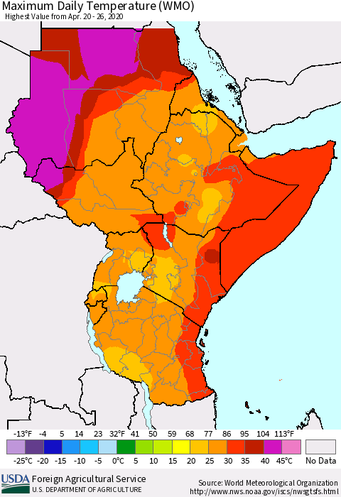 Eastern Africa Maximum Daily Temperature (WMO) Thematic Map For 4/20/2020 - 4/26/2020