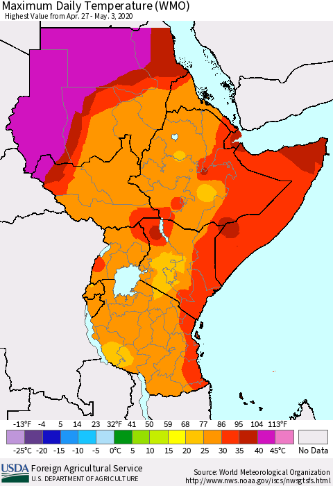 Eastern Africa Maximum Daily Temperature (WMO) Thematic Map For 4/27/2020 - 5/3/2020