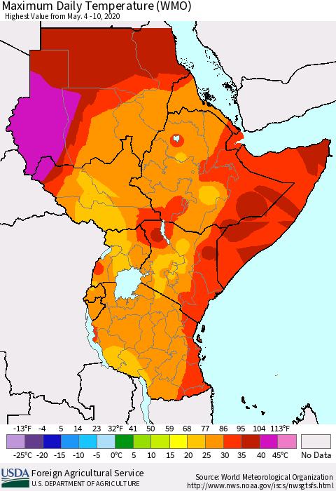 Eastern Africa Maximum Daily Temperature (WMO) Thematic Map For 5/4/2020 - 5/10/2020