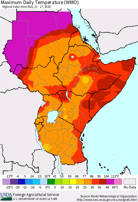 Eastern Africa Maximum Daily Temperature (WMO) Thematic Map For 5/11/2020 - 5/17/2020