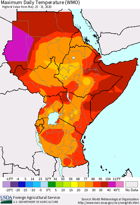 Eastern Africa Maximum Daily Temperature (WMO) Thematic Map For 5/25/2020 - 5/31/2020