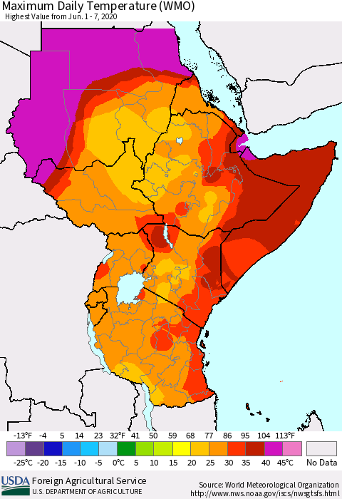 Eastern Africa Maximum Daily Temperature (WMO) Thematic Map For 6/1/2020 - 6/7/2020