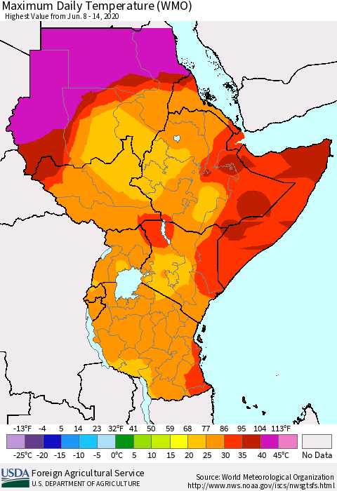 Eastern Africa Maximum Daily Temperature (WMO) Thematic Map For 6/8/2020 - 6/14/2020