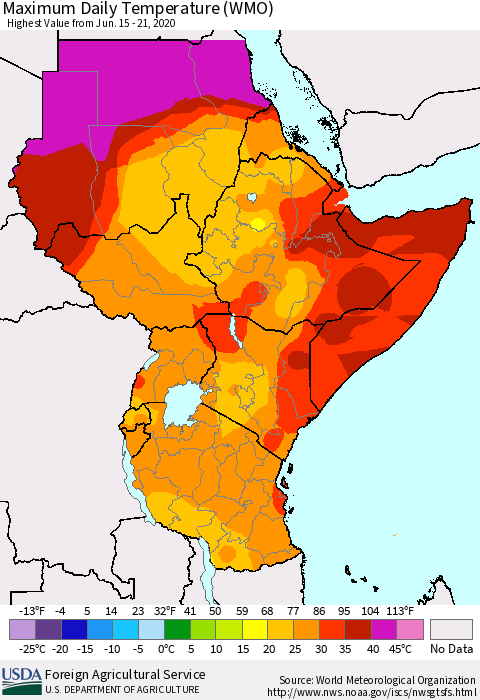 Eastern Africa Maximum Daily Temperature (WMO) Thematic Map For 6/15/2020 - 6/21/2020