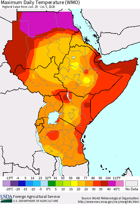 Eastern Africa Maximum Daily Temperature (WMO) Thematic Map For 6/29/2020 - 7/5/2020