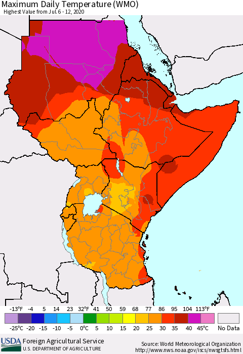 Eastern Africa Maximum Daily Temperature (WMO) Thematic Map For 7/6/2020 - 7/12/2020