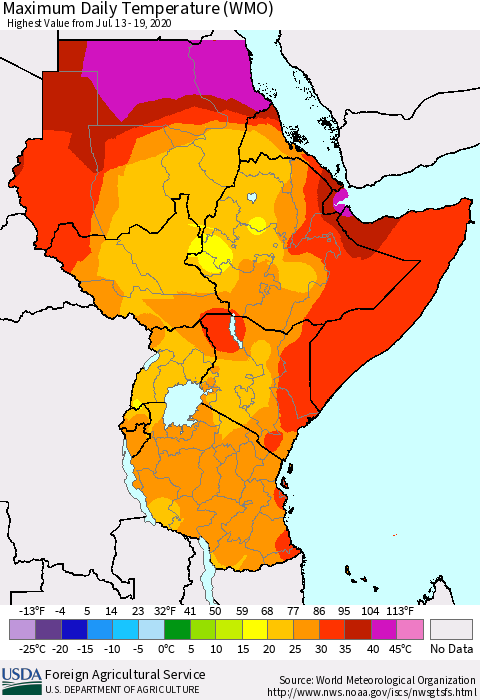 Eastern Africa Maximum Daily Temperature (WMO) Thematic Map For 7/13/2020 - 7/19/2020