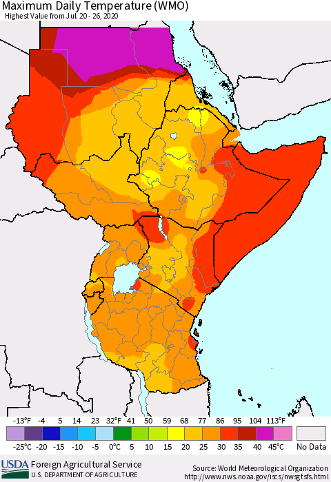 Eastern Africa Maximum Daily Temperature (WMO) Thematic Map For 7/20/2020 - 7/26/2020
