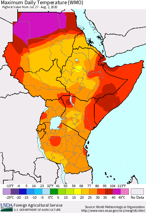 Eastern Africa Maximum Daily Temperature (WMO) Thematic Map For 7/27/2020 - 8/2/2020