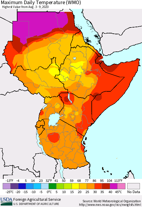 Eastern Africa Maximum Daily Temperature (WMO) Thematic Map For 8/3/2020 - 8/9/2020