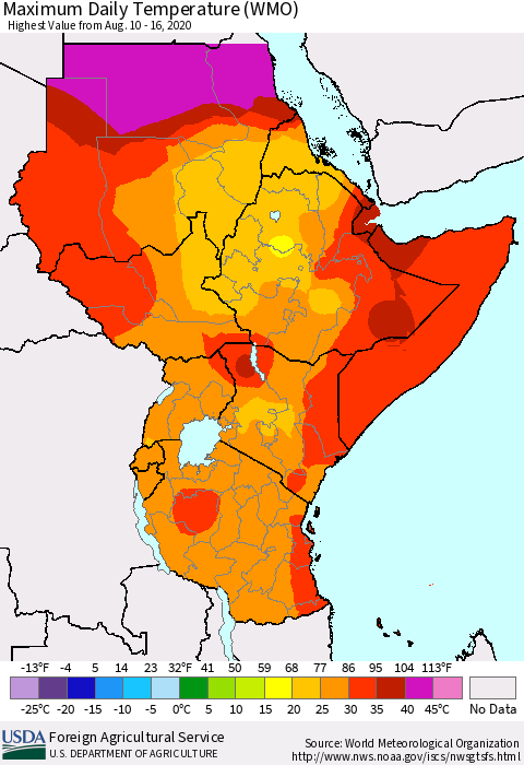 Eastern Africa Maximum Daily Temperature (WMO) Thematic Map For 8/10/2020 - 8/16/2020