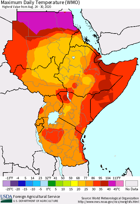 Eastern Africa Maximum Daily Temperature (WMO) Thematic Map For 8/24/2020 - 8/30/2020