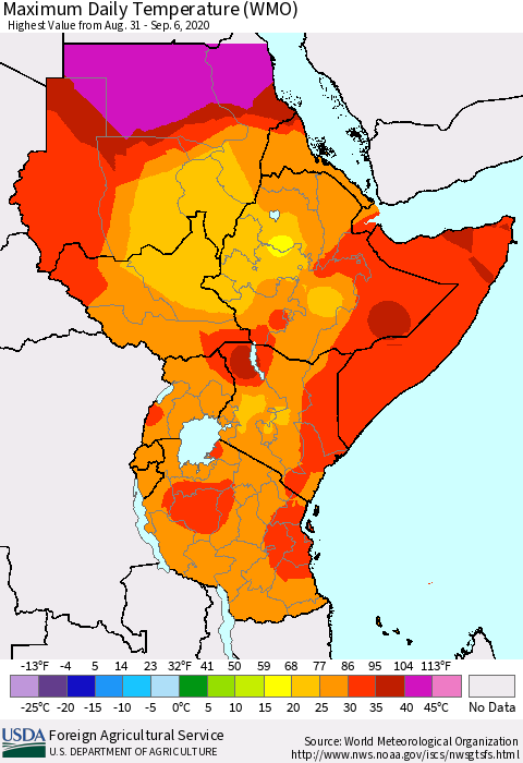 Eastern Africa Maximum Daily Temperature (WMO) Thematic Map For 8/31/2020 - 9/6/2020