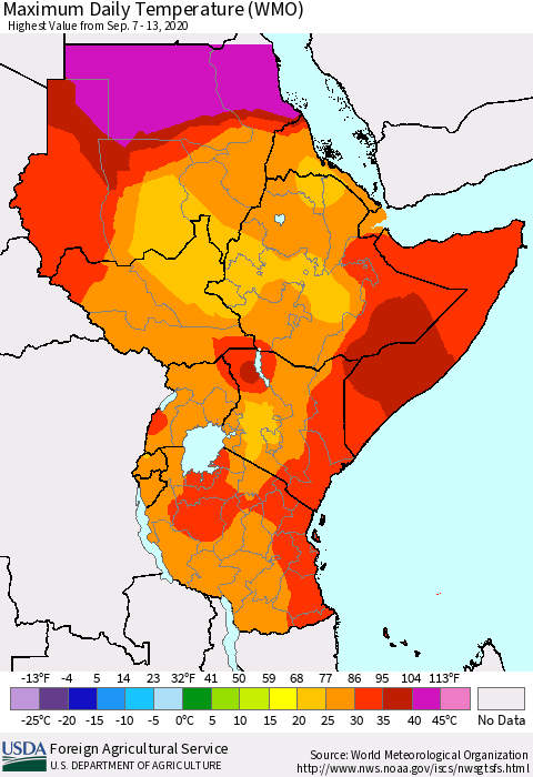 Eastern Africa Maximum Daily Temperature (WMO) Thematic Map For 9/7/2020 - 9/13/2020