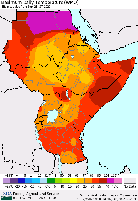 Eastern Africa Maximum Daily Temperature (WMO) Thematic Map For 9/21/2020 - 9/27/2020
