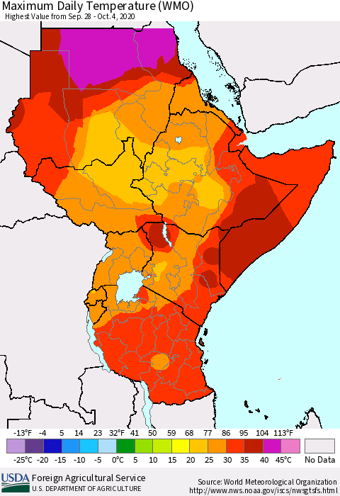 Eastern Africa Maximum Daily Temperature (WMO) Thematic Map For 9/28/2020 - 10/4/2020
