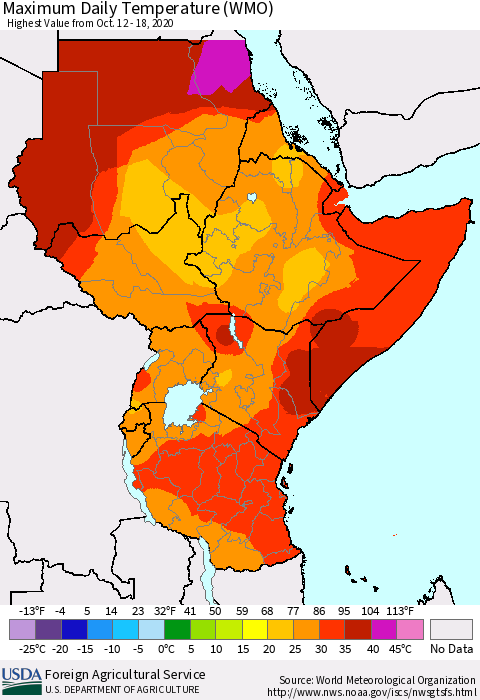 Eastern Africa Extreme Maximum Temperature (WMO) Thematic Map For 10/12/2020 - 10/18/2020