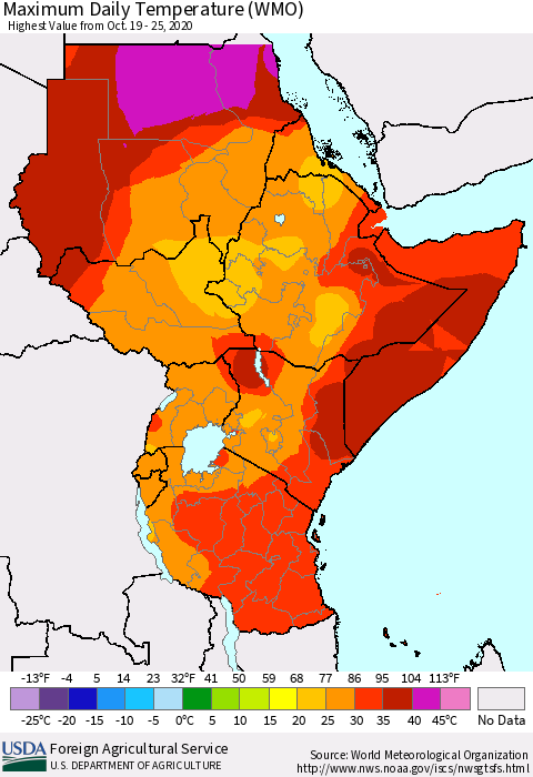 Eastern Africa Maximum Daily Temperature (WMO) Thematic Map For 10/19/2020 - 10/25/2020