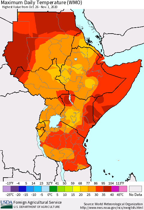 Eastern Africa Extreme Maximum Temperature (WMO) Thematic Map For 10/26/2020 - 11/1/2020