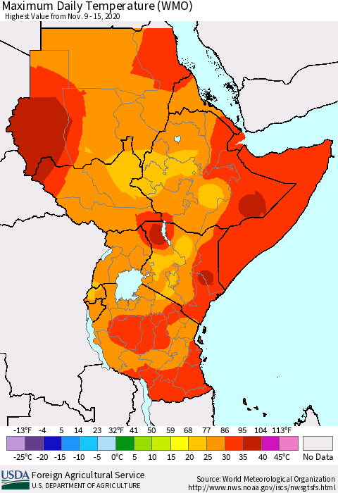 Eastern Africa Maximum Daily Temperature (WMO) Thematic Map For 11/9/2020 - 11/15/2020