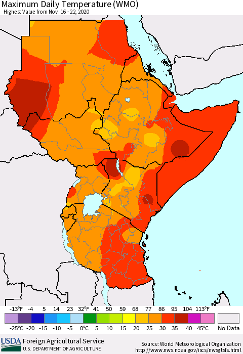 Eastern Africa Maximum Daily Temperature (WMO) Thematic Map For 11/16/2020 - 11/22/2020