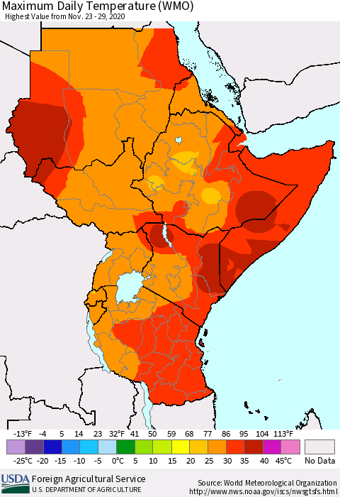 Eastern Africa Maximum Daily Temperature (WMO) Thematic Map For 11/23/2020 - 11/29/2020