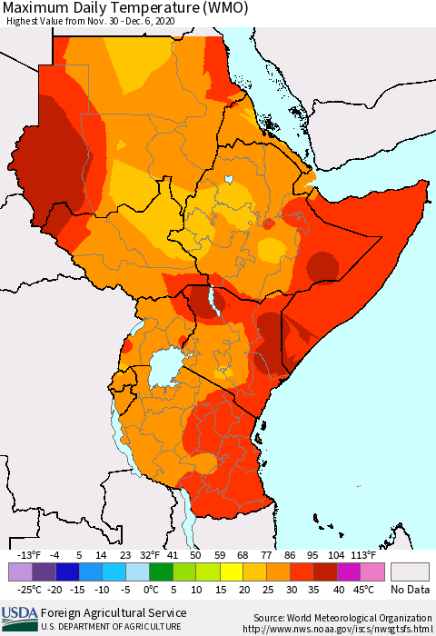 Eastern Africa Extreme Maximum Temperature (WMO) Thematic Map For 11/30/2020 - 12/6/2020
