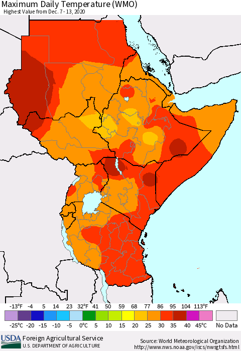 Eastern Africa Extreme Maximum Temperature (WMO) Thematic Map For 12/7/2020 - 12/13/2020