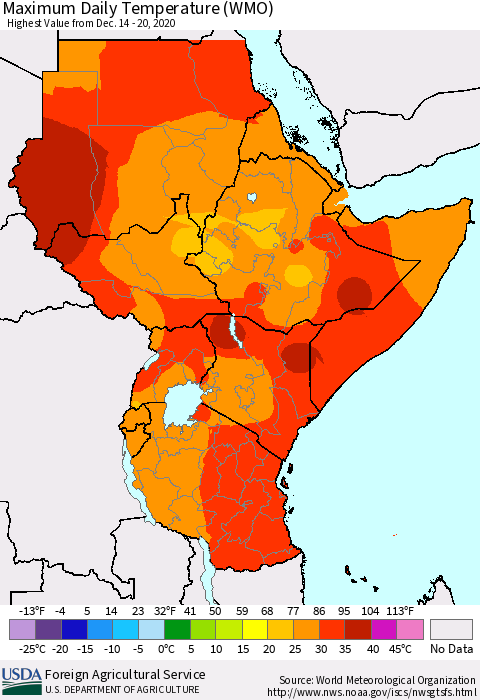Eastern Africa Maximum Daily Temperature (WMO) Thematic Map For 12/14/2020 - 12/20/2020