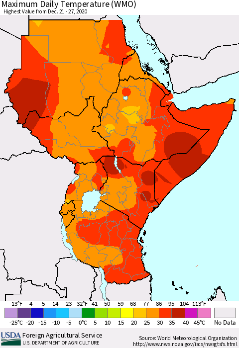 Eastern Africa Maximum Daily Temperature (WMO) Thematic Map For 12/21/2020 - 12/27/2020