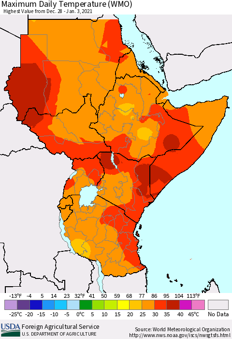 Eastern Africa Maximum Daily Temperature (WMO) Thematic Map For 12/28/2020 - 1/3/2021