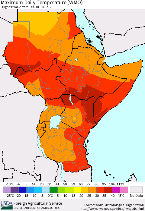 Eastern Africa Maximum Daily Temperature (WMO) Thematic Map For 1/18/2021 - 1/24/2021