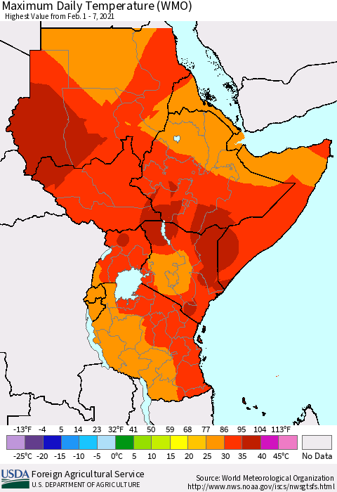 Eastern Africa Maximum Daily Temperature (WMO) Thematic Map For 2/1/2021 - 2/7/2021