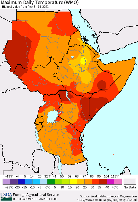 Eastern Africa Maximum Daily Temperature (WMO) Thematic Map For 2/8/2021 - 2/14/2021